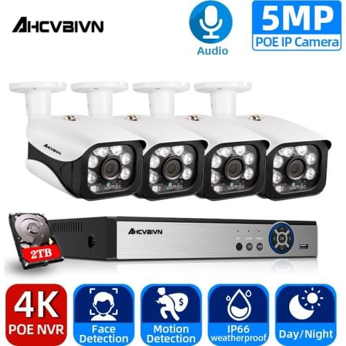 H.265 4CH 4K POE NVR Kit CCTV System 5MP Audio Alarm Face Detection AI POE IP Camera IR Outdoor Video Security Surveillance Set