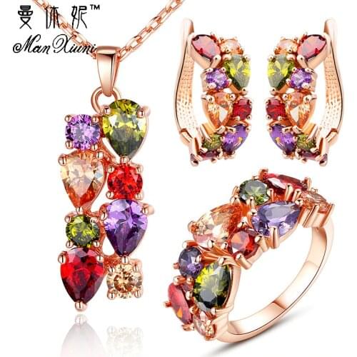Manxiuni New Top Rose Gold Color Flower Jewelry Set Multicolor Cubic Zircon Pendant/Earrings/Ring Women Wedding Jewelry Sets