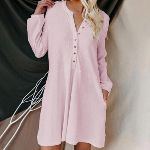 Pullover Fashion V-Neck Pure Color Pocket Casual Dress for Daily Life