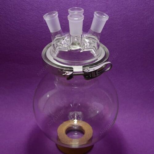 4-neck Reaction Flask,5000ML Separately flask(round bottom),with Clamp,ground surface on the flange ,could hold the vacuum
