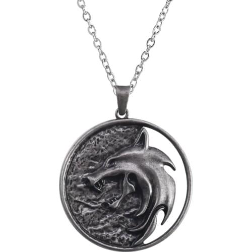 Best Game Wizard 3 Wolf Head Necklace Name Necklace Pendants Punk Jewelry Party Medallion Wolf Round Necklace Long Men Gift