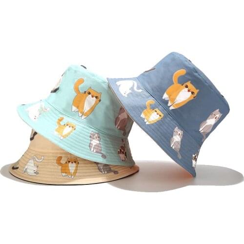 2020 Cartoon Cat Bucket Hat For Women Animal Print Fisherman Hat Panama Fishing Bucket Cap Summer Sun Hat For girl friend gift