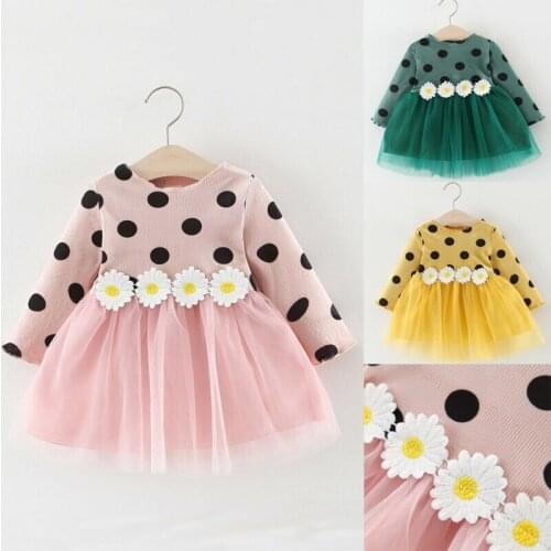Baby Girls Spring Autumn Long Sleeve Polka Dot Flower Patchwork Dress Party Pageant Tutu Wedding Dress Christmas Gift
