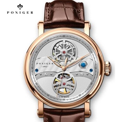 PONIGER Business Mens Mechanical Watches Seagull Movement Genuine Leather Waterproof Sapphire Mirror Мужские Mеханические Часы