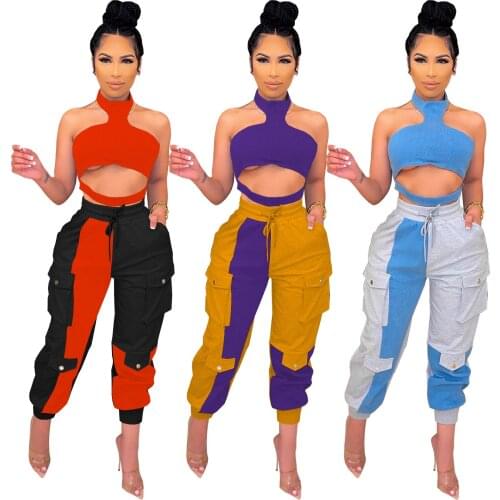 Zoctuo Casual Cargo Pant Outfits Color Patchwork Two 2 Piece Set For Women Pants Tracksuit Sexy Halter Tops And Trousers Sets