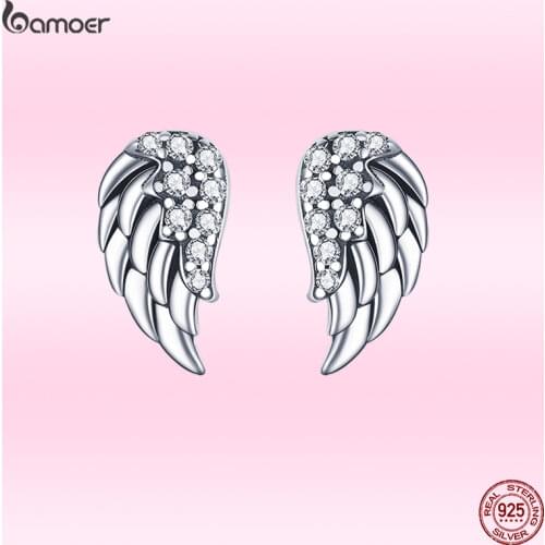 Bamoer GXE882 Guardian Wings Symbolize Freedom Real 925 Silver Hypoallergenic Stud Earrings Women Fine Jewelry Korean Ear Studs