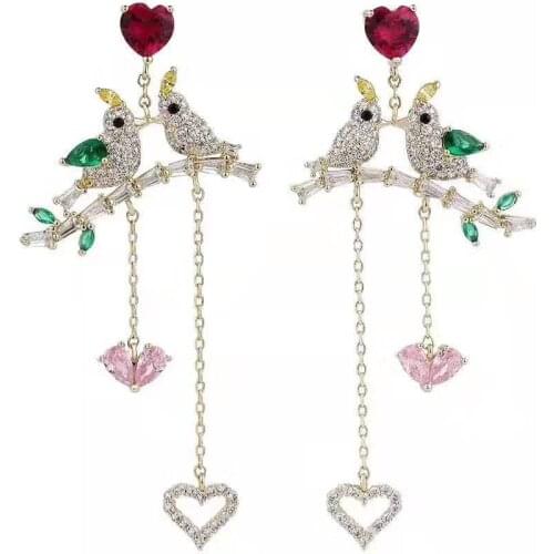 Birds Heart Drop Long Earrings Romantic Creative Branch Copper +Zircon Earring Jewelry For Women Wedding Anniversary Gift