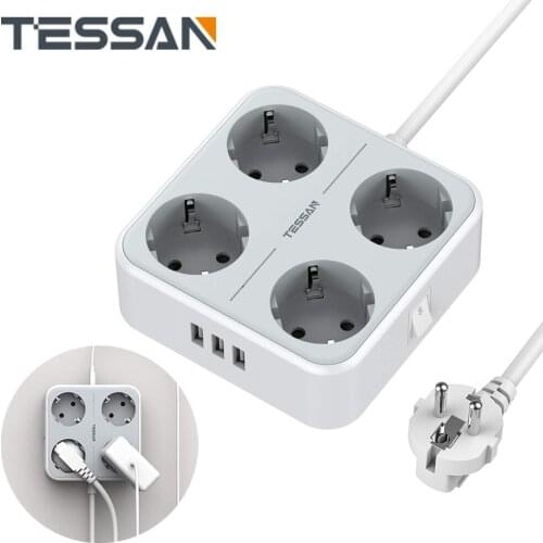 TESSAN EU Power Strip Socket with Switch 4 AC Socket 3 USB Ports and 1.5M Extension Cord, Multi Socket Adapter Surge Protector