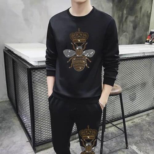 Track Suit Mens Winter Black Casual Oversized Hoodie And Trousers Two-Piece Cotton Rhinestone Skull Tracksuit Sportswear
