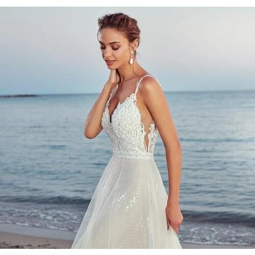 Gy Wedding Party Dresses Glittering Star A Line Wedding Dresses Deep V-neck Bride Dresses Beach Boho Wedding Gowns