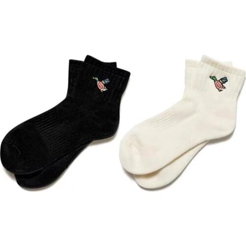 Mid Navy Middle Crew Street Fashion Socks Cotton Duckling Flying Little Duck Embroid Embroidery Japanese Daily Retro Game Sox