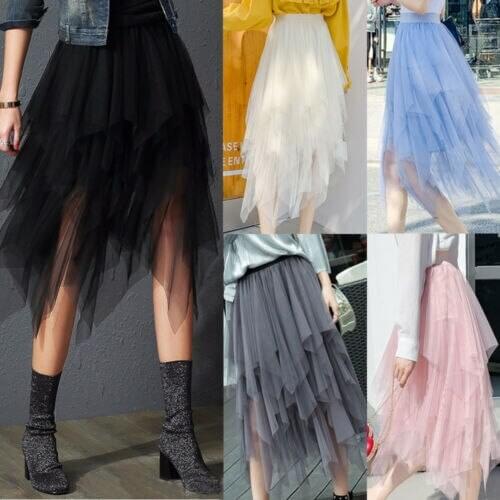Lady 's Fashionable Sexy Solid Color Mesh Skirt, Irregular Elastic Tulle Bubble Skirt, Daily Life and Vacation