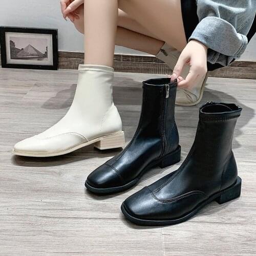 Womens boots side zipper cross lace up leather low heel womens black boots square head autumn shoes womens tight Ankle Boots