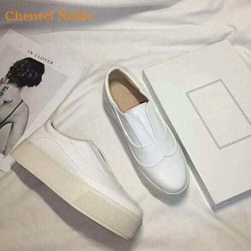 Top Fashion Autumn High Platform Shoes Woman Leather Slip-On Casual Flats Shoe Round Toe thick Bottom Zapatillas Mujer White