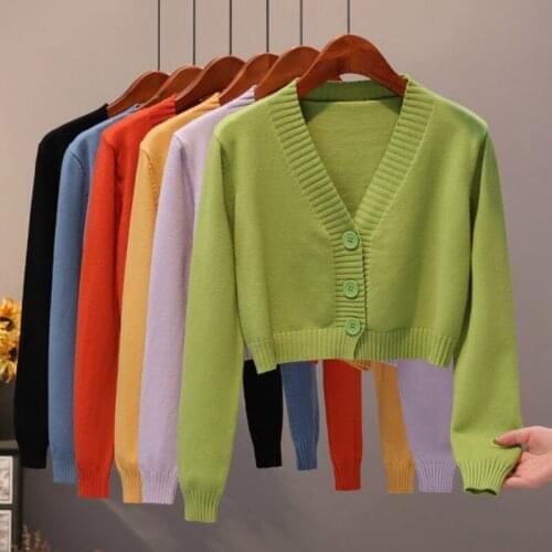Spring Autumn Long Sleeve Slim Cardigan Jacket Short Cardigan Sweater Women V-Neck Knitted Sweater Coat