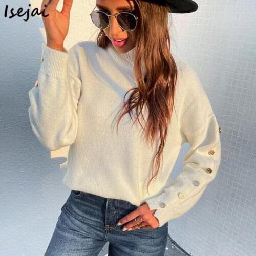 Autumn Winter New Turtleneck Button Sleeve Knitting Sweater Woman Pullover 2021 Sweaters