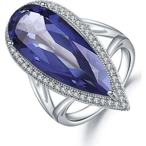 GEMS BALLET New 11.48Ct Natural Iolite Blue Mystic Quartz Big Water Drop Finger Ring 925 Sterling Sliver Ring For Women Wedding