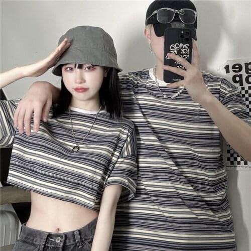 Zoki Couples Women T Shirt Fashion Striped O Neck Short Sleeve Harajuku Preppy Style Crop Tops Loose Streetwear Cotton Tees 2021