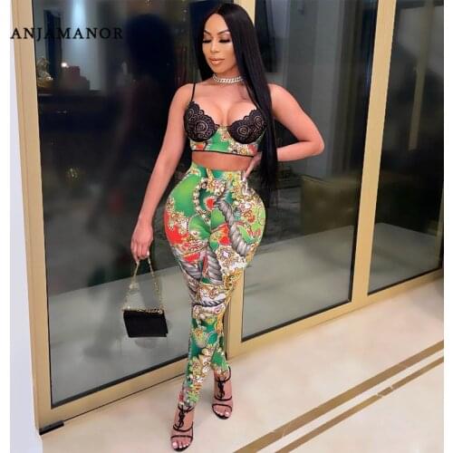 ANJAMANOR Sexy Print 2 Piece Sets Womens Club Outfits High Waist Leggings Lace Bralette Crop Top 2021 Summer Pants Suit D42-CH23