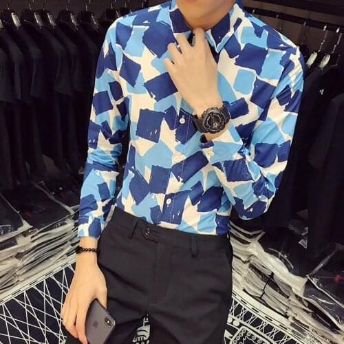 Autumn Spring Mens Floral Shirts Blouses High Quality Colored Squares Printed Long Sleeved Casual Slim Shirt Camisas De Hombre