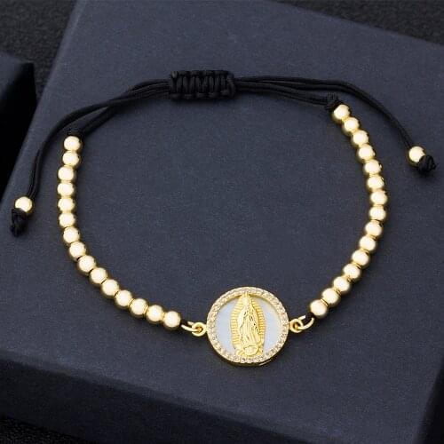 New Fashion Shell Religious Adjustable Bracelet For Women Female Gold Color Beads Braided Bracelet Jesus Pendant Lady Jewelry