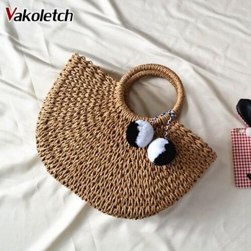 Lady Handbag Wrapped Beach Bag Moon shaped Bag 2020 New Summer andmade Bags Women Pompon Beach Weaving Ladies Straw Bag KL443