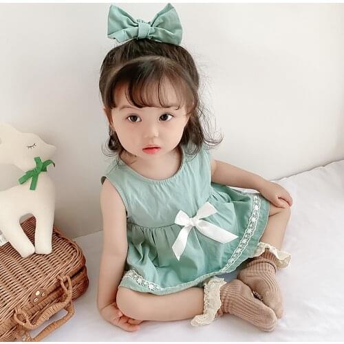 Newborn Infant Baby Girl 2Pcs Outfits Summer Sleeveless Romper New Bow Clothing Solid Bodysuit Headband Playsuit Clothing D30