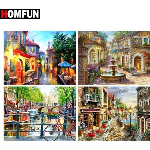 HOMFUN Full Diamond Embroidery "House street scenery" Diamond Painting Cross Stitch Patterns Rhinestone Unfinished Home Decor