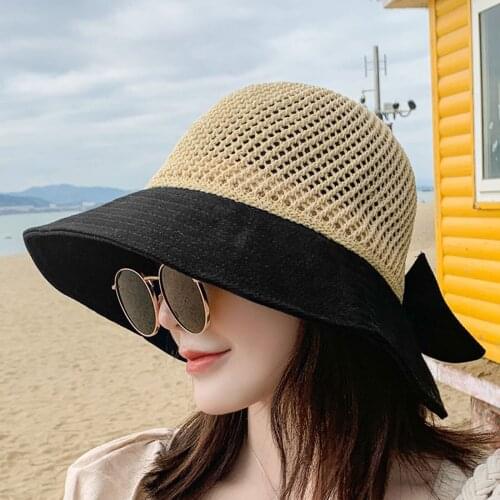 Women New Bowknot Sun Hats Adult Summer Beach Sunscreen Casual Cap Wide Brim Students Raffia Shading Woven Hats Foldable Korean