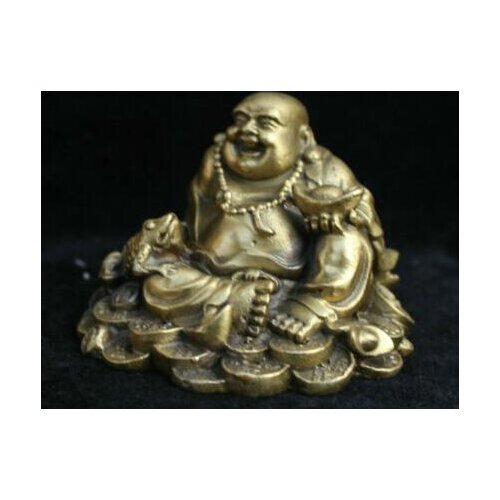 Chinese Buddhism Temple Brass Fish Yuanbao Happy Laugh Maitreya Buddha Statue
