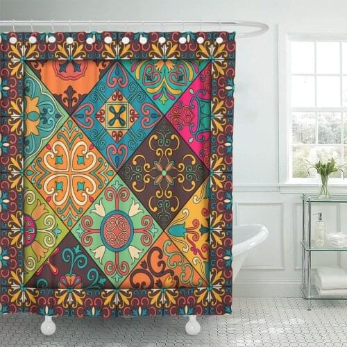 Colorful Portuguese Tiles in Talavera Azulejo Moroccan Mexican Ornaments Shower Curtain Waterproof Polyester Fabric 60 x 72 Inch