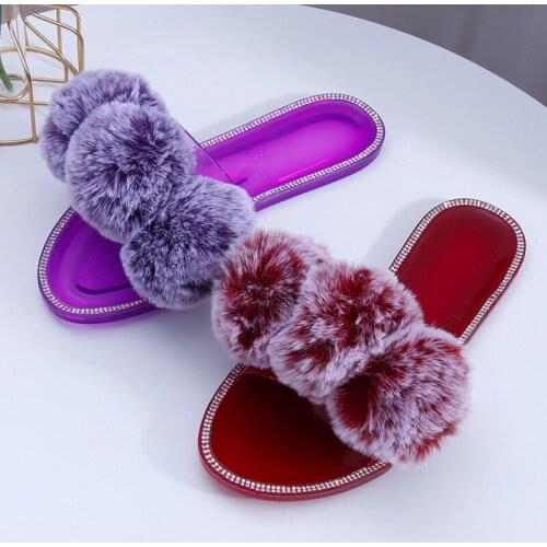Summer Ladies Fluffy Faux Fur Slides Indoor Plush Shoes Womens Fuzzy Flip Flops Bling Rhinestone Furyy Slippers Female Sandals