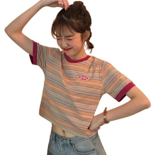 Summer Korean Style Retro Tee Fashion Loose Stripe Print Short-Sleeved Short Style Top T-Shirt