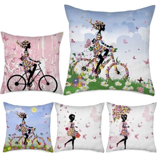 Fuwatacchi Cartoon Girls Photo Cushion Cover Flower Heart Print Throw Pillowcase for Home Sofa Decoration Valentines Day Gifts