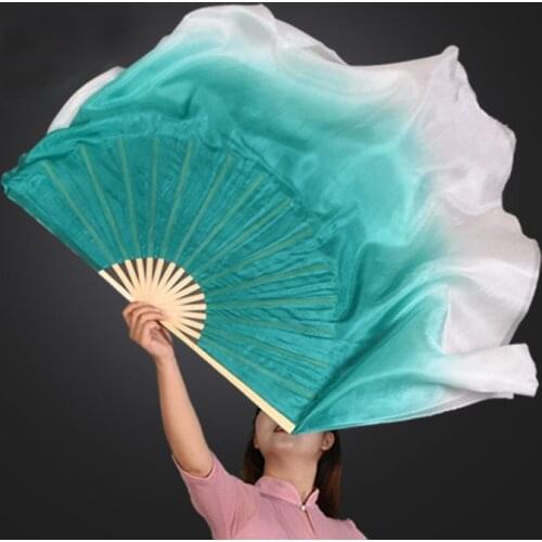 Peacock-Green Gradient Belly Dance Silk Fan Veils 1 Pair Short Bamboo Folding Fans Chinese Folk Dance Props 51cm-86cm Length