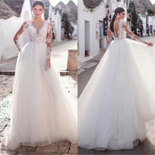 Sexy V-neck Tulle With Applique Lace A-line Wedding Dress Long Sleeve Button Back Design Wedding Gowns robe de mariee 2021