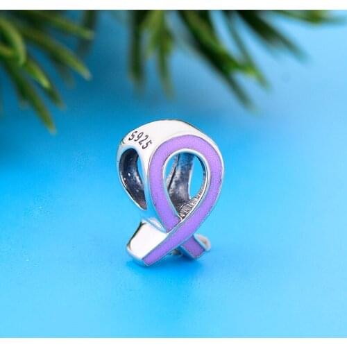 Fit Original Charm Bracelet Real 925 Silver Breast Cancer Awareness Pink Ribbon Love Hope Symbol Sign Bead For Making Berloque
