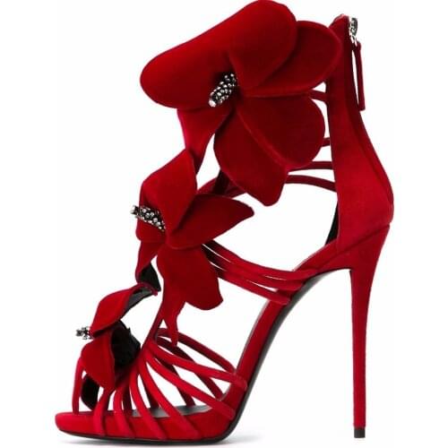 Girls' Delightful Flower Decoration Dress Sandals Red Suede 3D Floral Bridal Shoes Thin Strappy High Heel Sandals Crystal Pumps