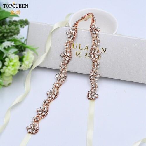 TOPQUEEN S421-RG Rose Gold Rhinestone Belts for Girls Wedding Sash Pearl Belts for Dress Bridal Belts Maternity Sash Saree Belt