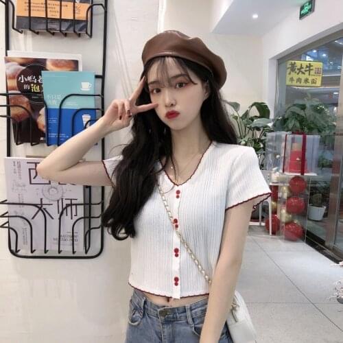 IMCUTE Y2K Playful Sweet Girl Navel Short Knit T-shirt Cute Girl Fashion Fresh V-neck Button Slim Ribbed Knit Cardigan Top
