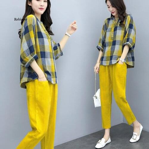 Spring Summer Yellow Two Piece Sets Women Plus Size Plaid Blouses Shirts And Pants Suits Casual Fashion Elegant Korean Set