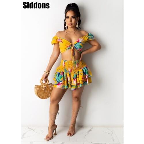 High Quality 2021 elastic waistband Cropped top with ruffle detail and cute ruffle mini shorts skirts