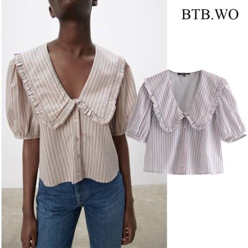 BTB.WO New Women Sweet Peter Pan Collar Stripe Smock Za Blouse Vintage V Neck Short Sleeve Ladies Ruffles Casual Shirts Chic Top