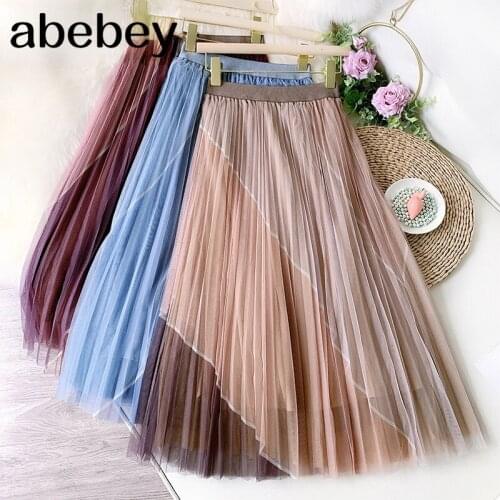 Korean Style Tutu Tulle Long Skirt Women 2021 Spring Summer Spell Color Mesh High Waist Pleated Midi Skirt Female
