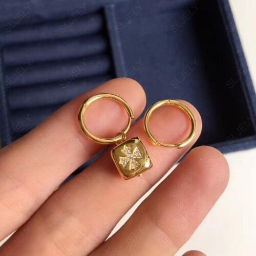 High Quality Yellow Gold Color 925 Sterling Silver Asymmetric White Zircon Stars Cross Pattern Mono Dice Drop Earrings for Women