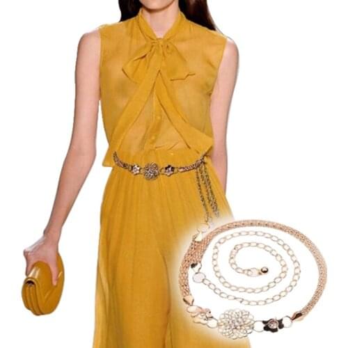 Women 85/110cm Retro Gold Belts Waistbands Golden Diamond Flower Metal Waist Chain Coin Pendant Belts For Party Jewelry Dress