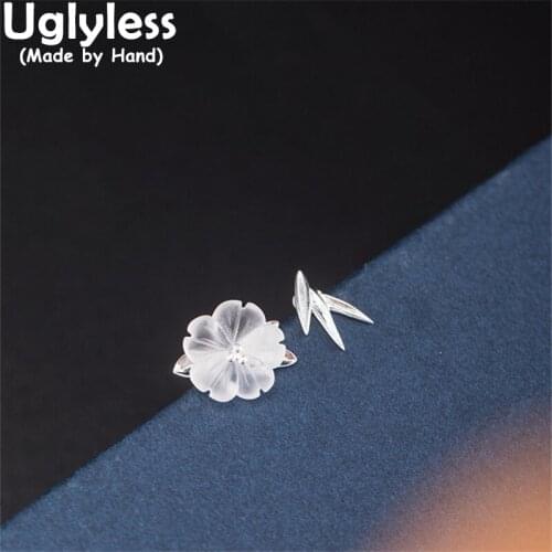 Uglyless Asymmetric Crystals Flowers Bamboo Leaves Studs Earrings for Women Handmade 925 Silver Floral Brincos Ethnic Jewelry