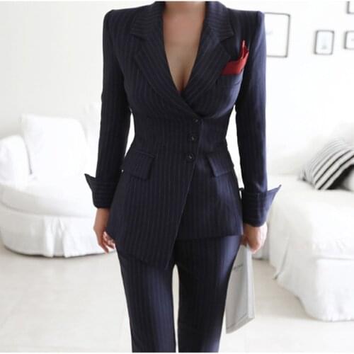 Women‘s Irregular Striped Single Breasted Blazer Coat&Pencil Pant 2 Pieces Set Pants Suits Female Business Office Work Wear Suit