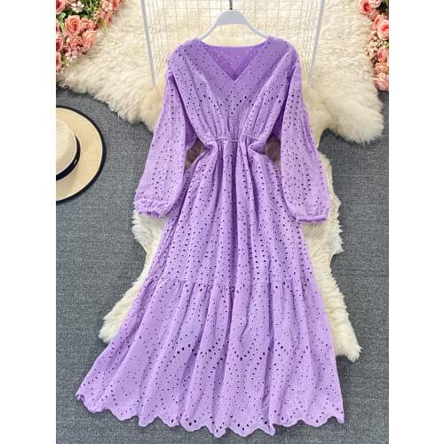 Purple/Blue/Green Hollow Out Embroidered Dress Women Vintage V-Neck Puff Sleeve High Waist A-Line Vestidos Female Spring Autumn
