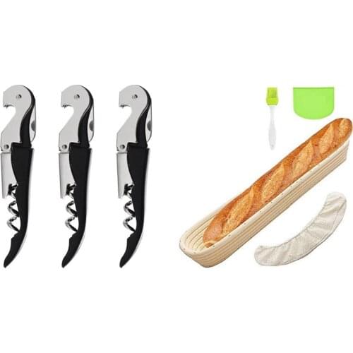 1set Oval Bread Banneton Proofing Basket Baguette Baking Bowl Set & 3 Pack Corkscrew Heavy Duty Wine Opener Set